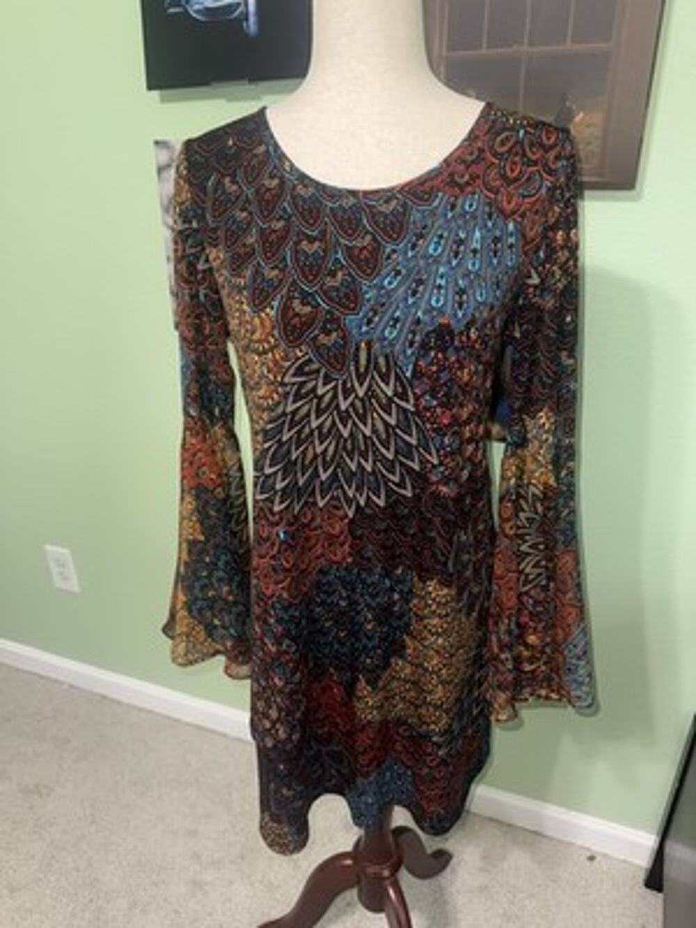MSK Women Medium Dress Bell Sleeve Paisley Feather Boho Shift Stretch
